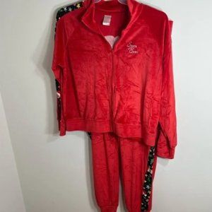 Cat Print Velour Christmas Track Suit Red Jacket Pants Full Zip
